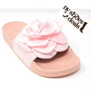 Women Satin Pink Rose Petal Slip-On Sandals Flips